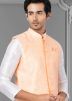 Peach Plain Readymade Nehru Jacket In Linen