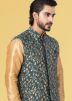 Golden Dupion Kurta Pajama With Nehru Jacket
