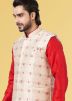 Red Dupion Silk Kurta Pajama With Nehru Jacket