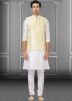 White Dupion Silk Kurta Pajama With Woven Jacket