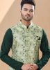 Readymade Green Kurta Pajama Set With Printed Nehru Jacket