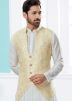 White Readymade Asymmetric Kurta Pyjama With Nehru Jacket