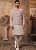 Beige Silk Readymade Kurta Pajama With Jacket