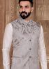 Grey Jacquard Nehru Jacket  In Woven Work