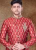 Red Zari Woven Mens Indo Western Sherwani