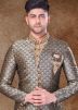 Green Zari Woven Mens Sherwani Set In Jacquard