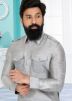 Grey Color Dupion Silk Readymade Pathani Suit