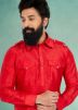 Red Color Dupion Silk Readymade Pathani Suit