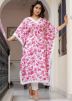Pink Readymade Printed Kaftan With Pant In Cotton