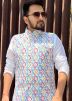 White Mens Printed Cotton Nehru Jacket