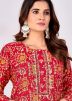 Red Printed Kurta Set In Silk