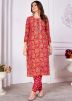 Red Printed Kurta Set In Silk