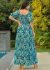 Blue Floral Print Dress In Georgette