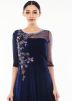 Blue Georgette & Net Dress With Attached Dupatta