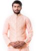 Peach Cotton Silk Kurta Set With Nehru Jacket