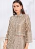 Beige Readymade Embroidered Saree In Jacket Style