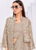 Beige Readymade Embroidered Saree In Jacket Style