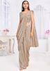 Beige Readymade Embroidered Saree In Jacket Style