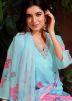 Blue Floral Print Suit Set In Organza