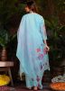 Blue Floral Print Suit Set In Organza