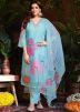Blue Floral Print Suit Set In Organza