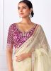 Cream Embroidered Saree In Organza