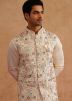 Cream Embroidered Kurta Pajama With Nehru Jacket