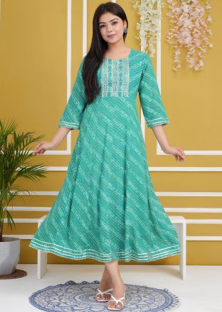 Turquoise Rayon Kurta In Leheria Print