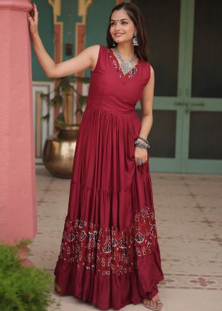 Maroon Printed Dress In Rayon