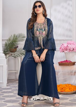 Blue Embroidered Readymade Shimmer Co -Ord Set