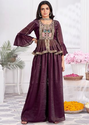 Wine Embroidered Readymade Co- Ord Set In Shimmer