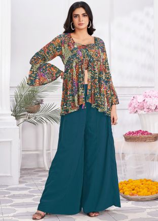 Multicolor Embroidered Readymade Co- Ord Set In Jacket Style