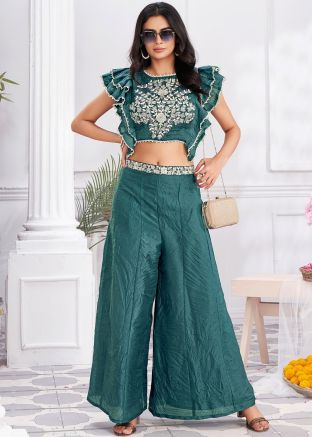 Readymade Embroidered Shimmer Co- Ord Set In Green