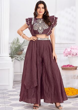 Brown Embroidered Readymade Co- Ord Set In Shimmer