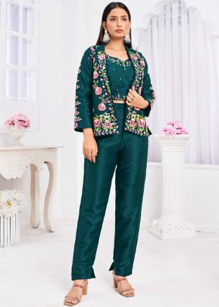 Green Embroidered Readymade Co- Ord Set In Tussar Silk