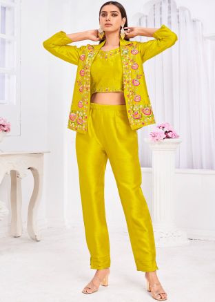Yellow Embroidered Readymade Co- Ord Set With Jacket 