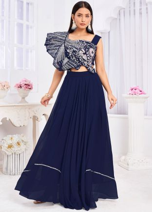 Blue Embroidered Readymade Georgette Top With Sharara 