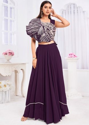 Embroidered Readymade Georgette Top With Sharara In Wine