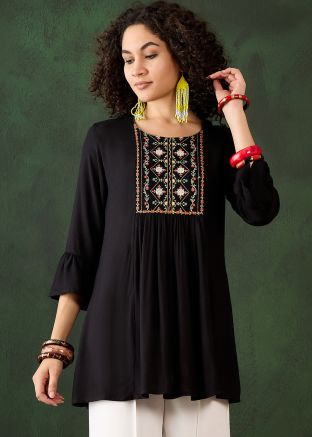 Black Embroidered Rayon Short Kurti