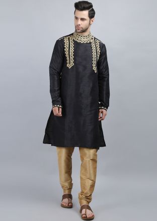 Black Readymade Embroidered Kurta Pajama Set