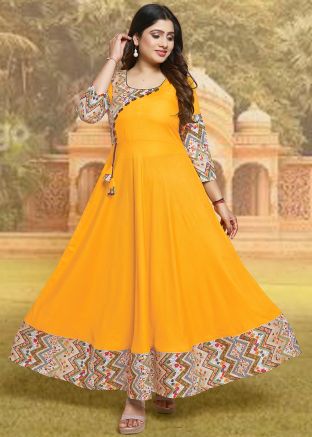 Yellow Printed Readymade Rayon Anarkali Style Kurti
