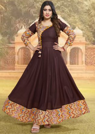 Brown Printed Readymade Anarkali Style Kurti In Rayon