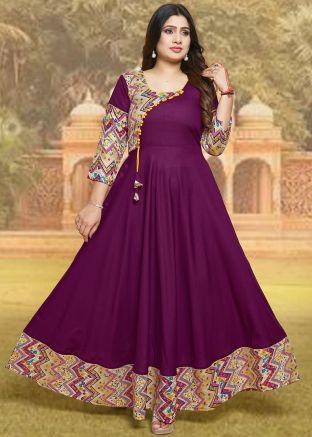 Purple Readymade Rayon Anarkali Style Kurti In Print