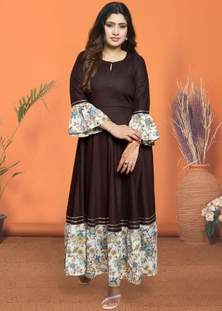 Dark Brown Readymade Anarkali Style Kurti In Rayon