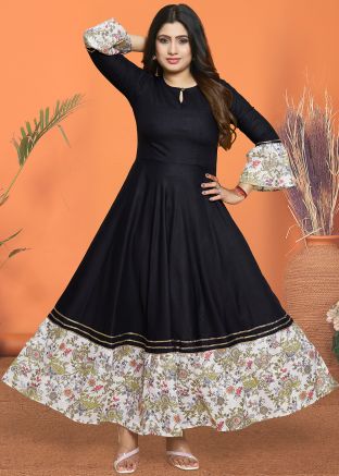 Black Rayon Readymade Anarkali Style Kurti In Print