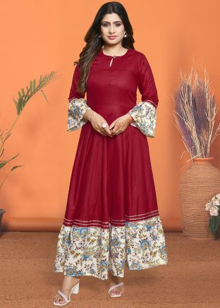 Red Printed Readymade Rayon Anarkali Style Kurti