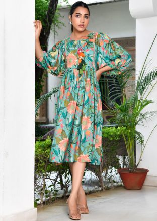 Blue Floral Print Dress In Viscose