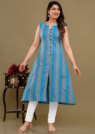 Blue Cotton Kurti In Printed Work