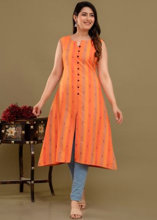 Orange Printed Kurti In Cotton