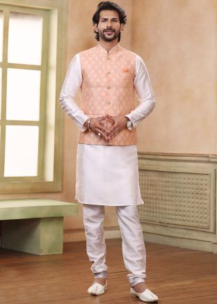 Readymade Off White Kurta Pajama & Woven Nehru Jacket